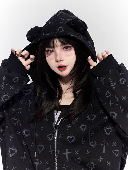Black Cross Jacket Hoodie Ear Hood Bear Gothic with Print Purple