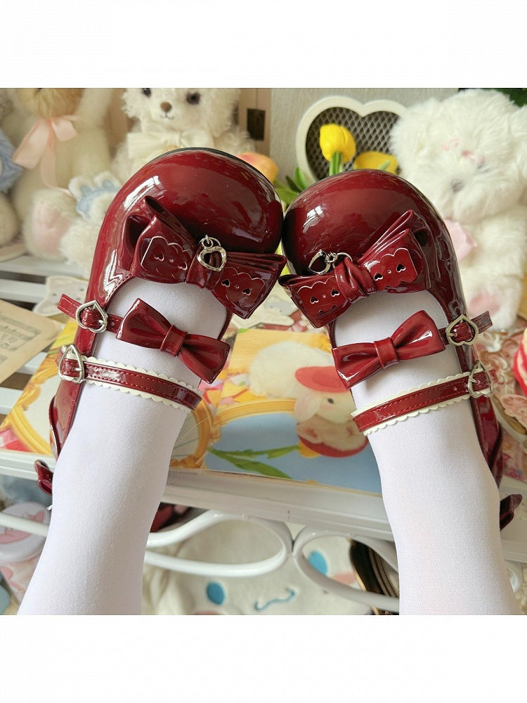 Wine Red Bowknot Heart Kawaii Lolita Shoes 3.5 Heels
