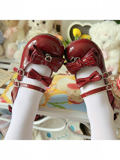 Wine Red Bowknot Heart Kawaii Lolita Shoes 3.5 Heels