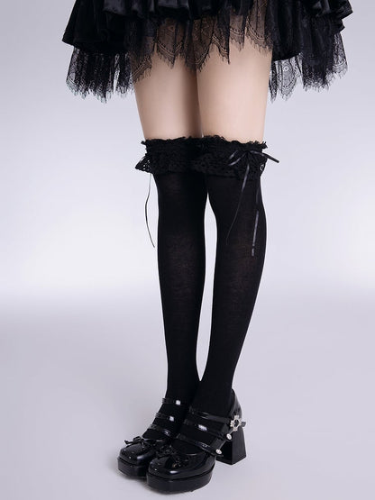 Trim Bow Black/White Lolita Black with Ribbon Lace Stockings