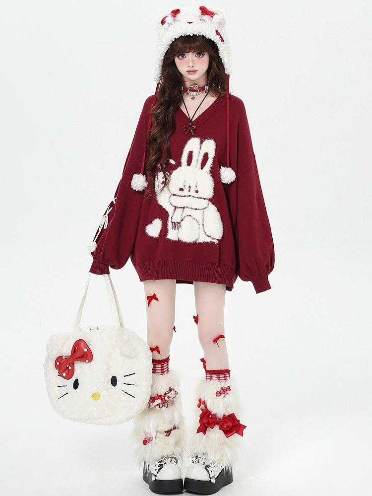 Black Cute Bunny V-neck Loose Sweater Lace-up Detail at Sleeves