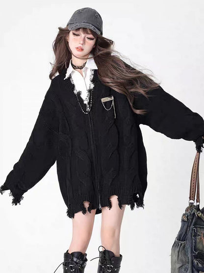 Cardigan Edgy Black Academiacore Zip-Up Knit