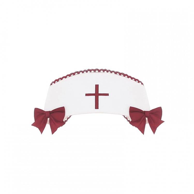 White Nurse Cap – Red Cross Embroidery & Bow Halloween Accessory