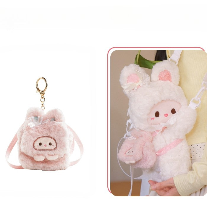 White Bag Backpack/Crossbody Keychain Plush Rabbit Backpack Bowknot +