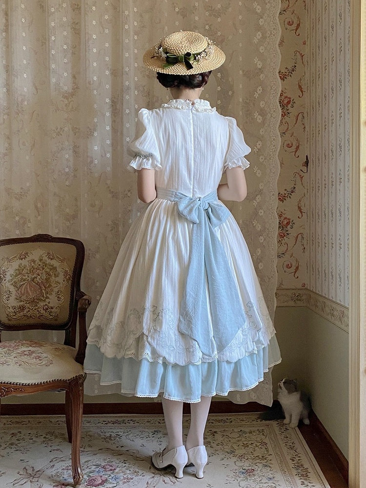 Blue & White Lace Petal Hem OP Dress with Belt and Bow Set - Rosa multiflora