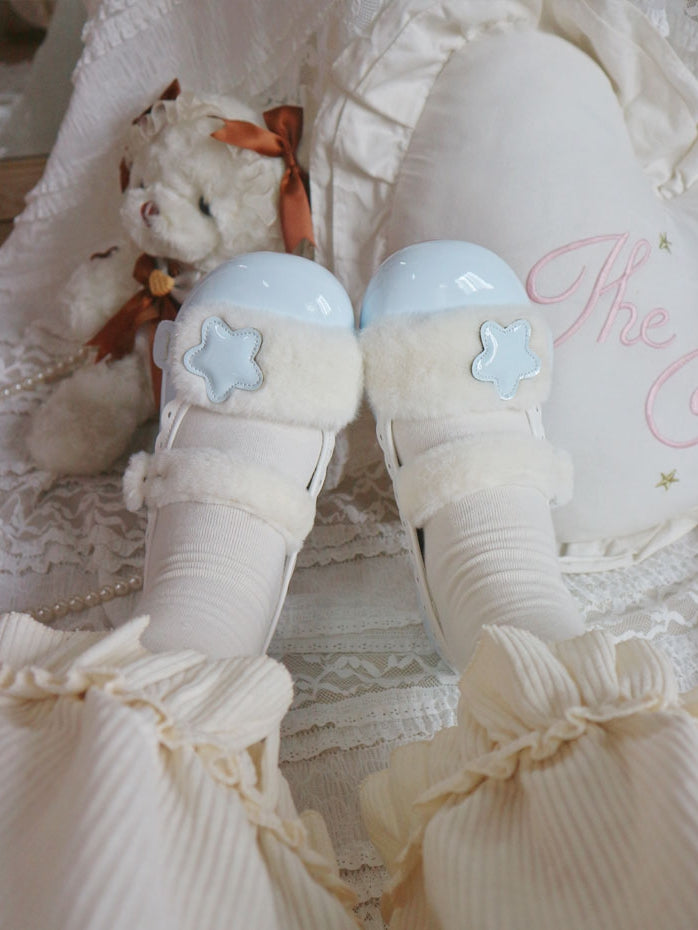 Polished Toe Detail Button Star Blue Snap Flats PU Lolita with Design Round