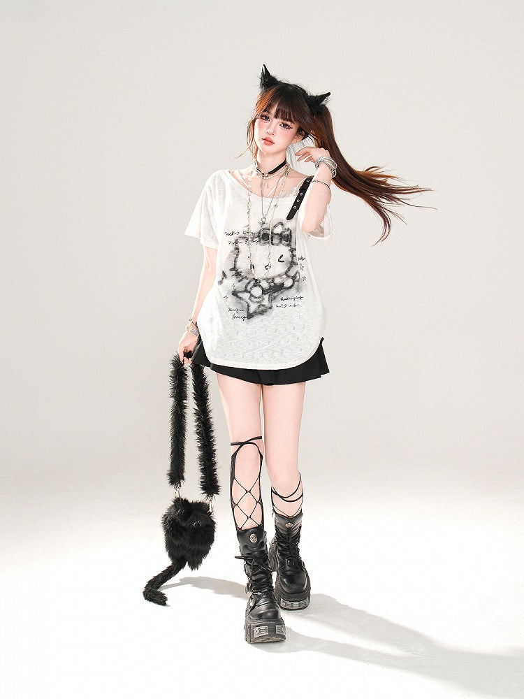 Semi-sheer Asymmetrical Neckline Buckle Strap T-Shirt Kitty Print Black/White/Gray