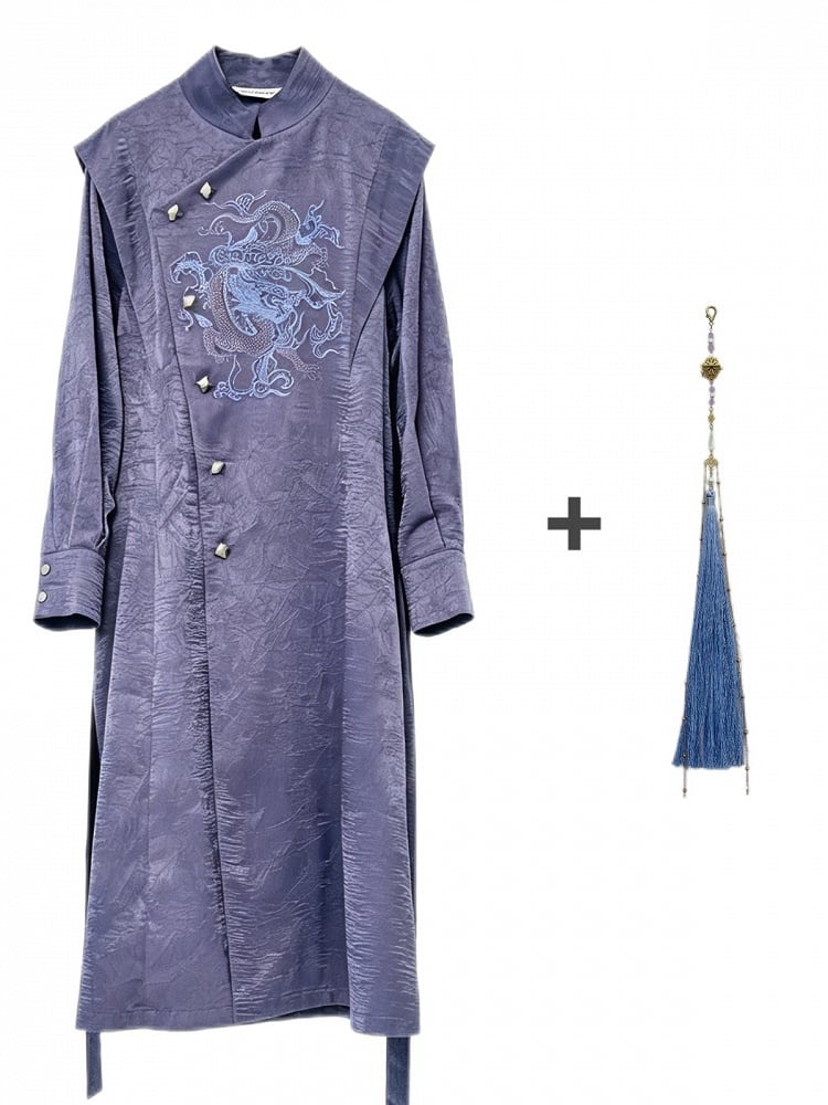 Purple Trench Coat with Dragon Embroidery, Mandarin Collar & Removable Tassel Detail - Feng Hua Gui Guo Ling