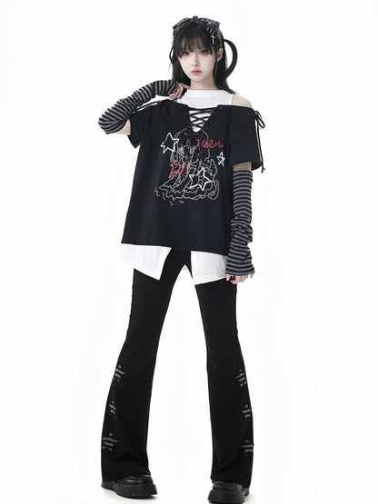 グラフィックTシャツ ネックライン フェイクツーピース グリーン/ブラック カットアウトショルダー レースアップ