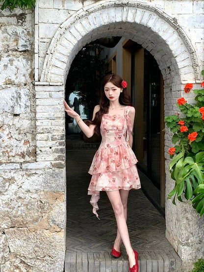 Red Floral Asymmetrical Ruffle Hem Summer Dress - Qchiwawameme
