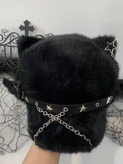 Chain Hat with Wing Punk Hardware Beret Cat Black Ear Plush Detail Angel