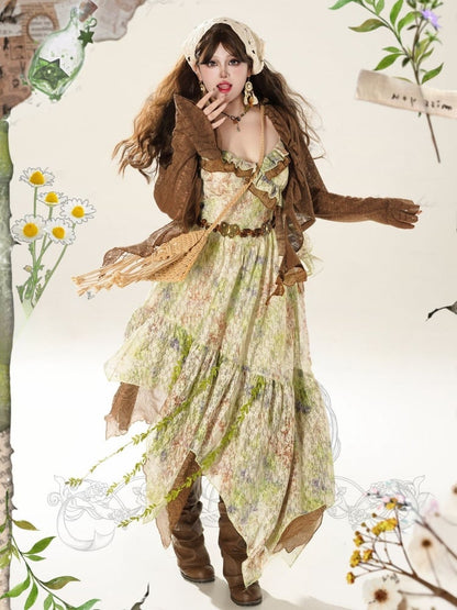 Plus Size Grünes Blumenkleid mit Spaghettiträgern