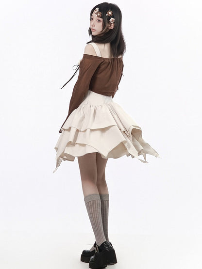 Off-White Asymmetric Cami Dress with Ruffle & Bow - PINK SAVIOR