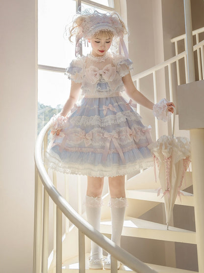 ストライプのリボン柄のスイートな装飾のドレス ロリータ ブルー ピンク