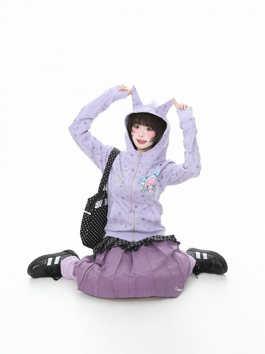 Print Cartoon Y2K Star Vintage Purple Hooded Jacket And