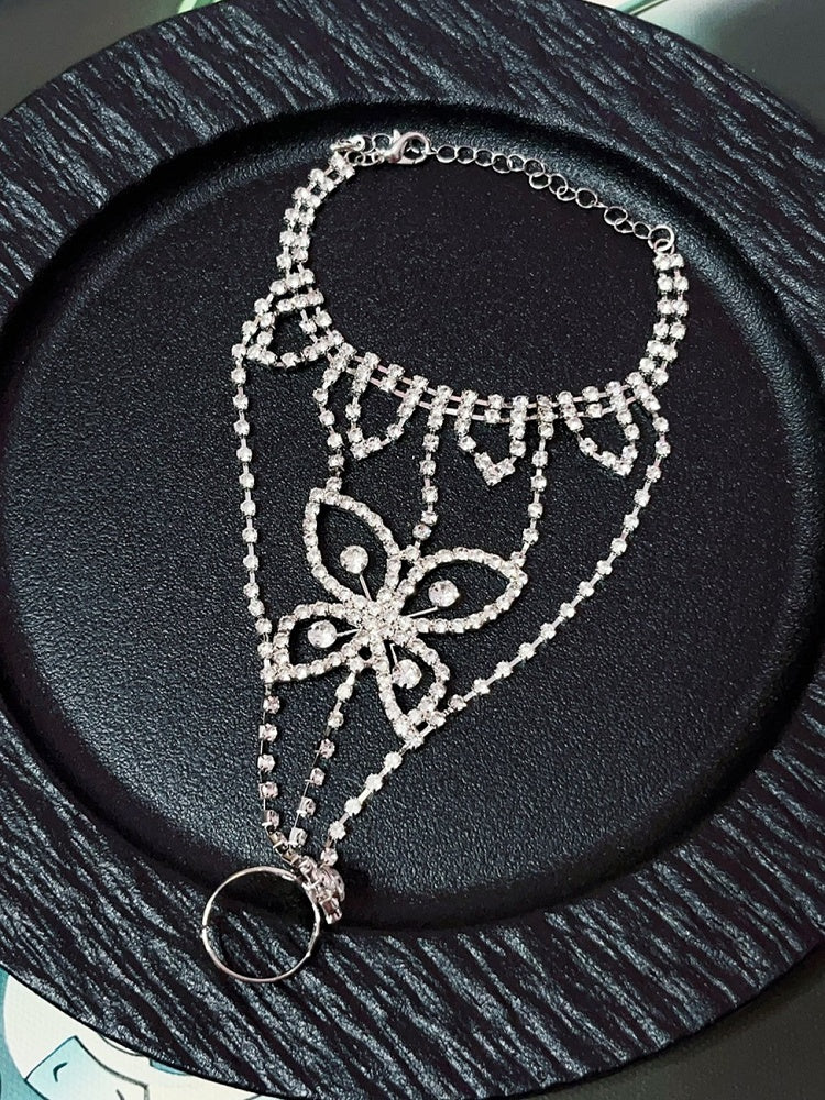 Floral Design Bracelet Silver Rhinestone Y2K