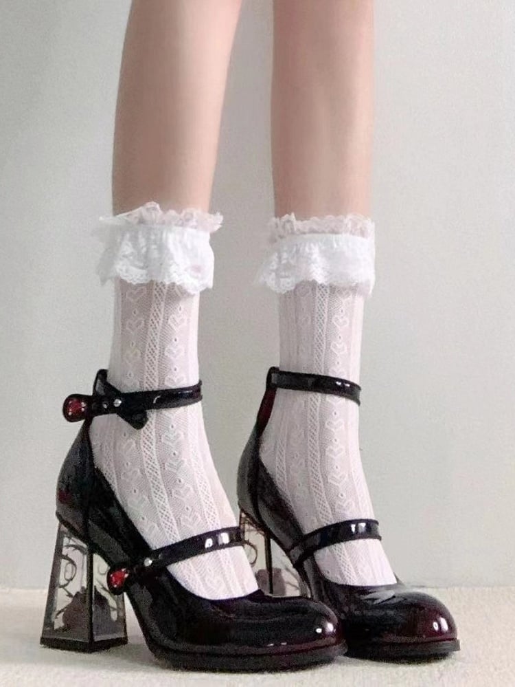 Rhinestone Black Transparent Accents High Heel Mary Block Rose-themed Rose Gothic Janes with Decor