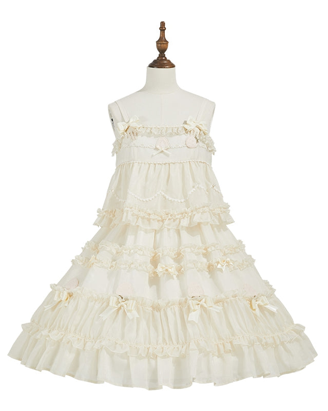 Beiges süßes Lolita-Kleid mit Schleifenakzenten und Rüschenbesatz