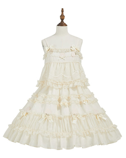 Beiges süßes Lolita-Kleid mit Schleifenakzenten und Rüschenbesatz