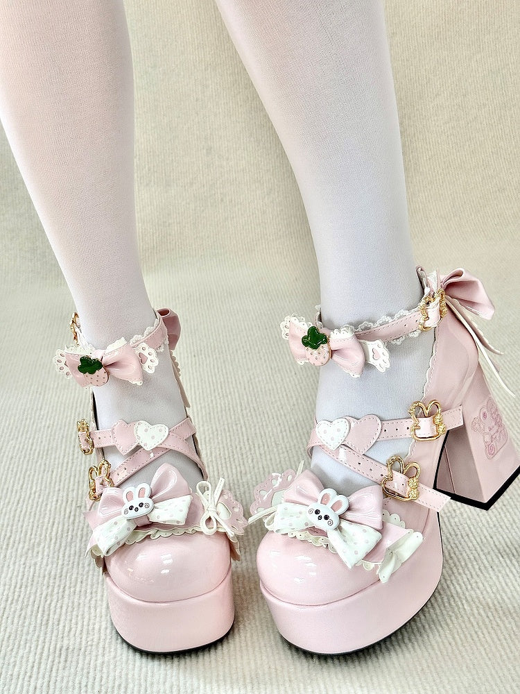 Pink Bunny with Heel Embroidered Mary Janes Lace Sweet Lolita Trim