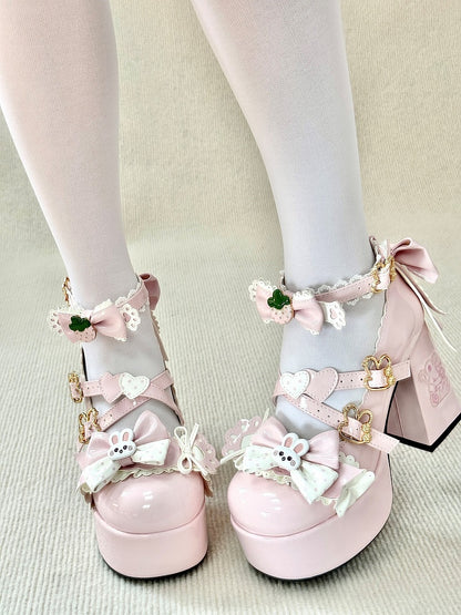 Pink Bunny with Heel Embroidered Mary Janes Lace Sweet Lolita Trim