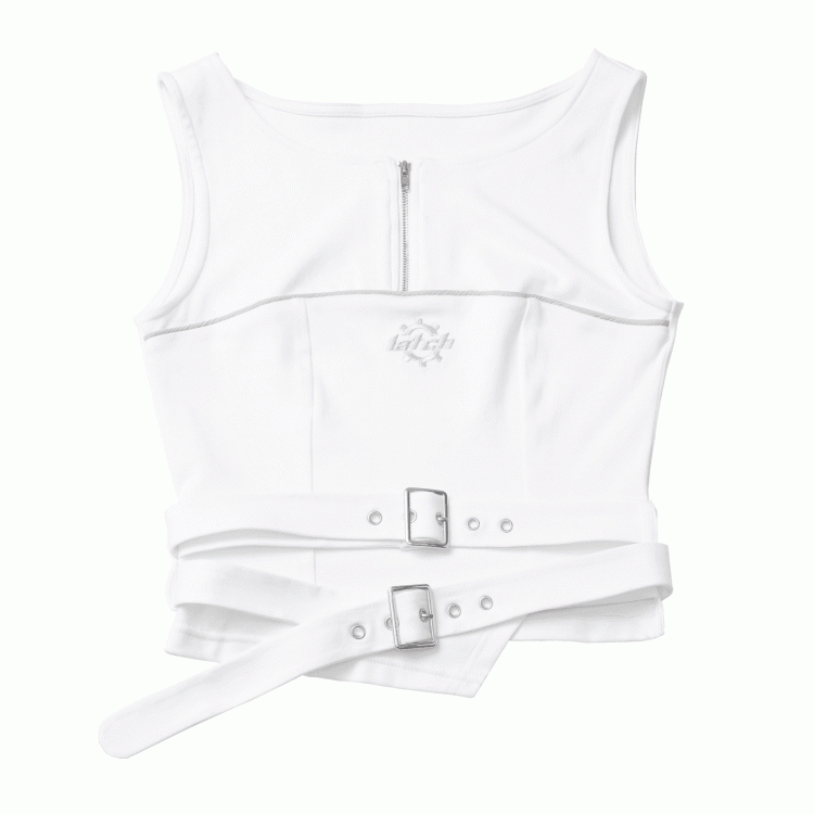 ホワイトジッパーネックラインバックルストラップテックウェアタンクトップ