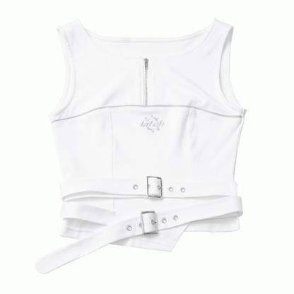 ホワイトジッパーネックラインバックルストラップテックウェアタンクトップ