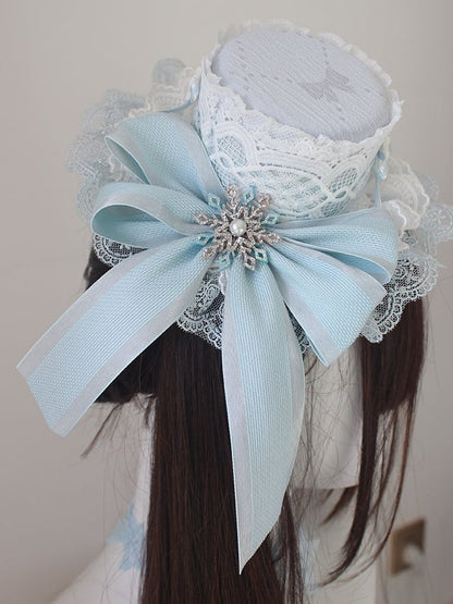 Blue Christmas Beaded Snow Bowknot Lace Trim Mini Hat With Veil