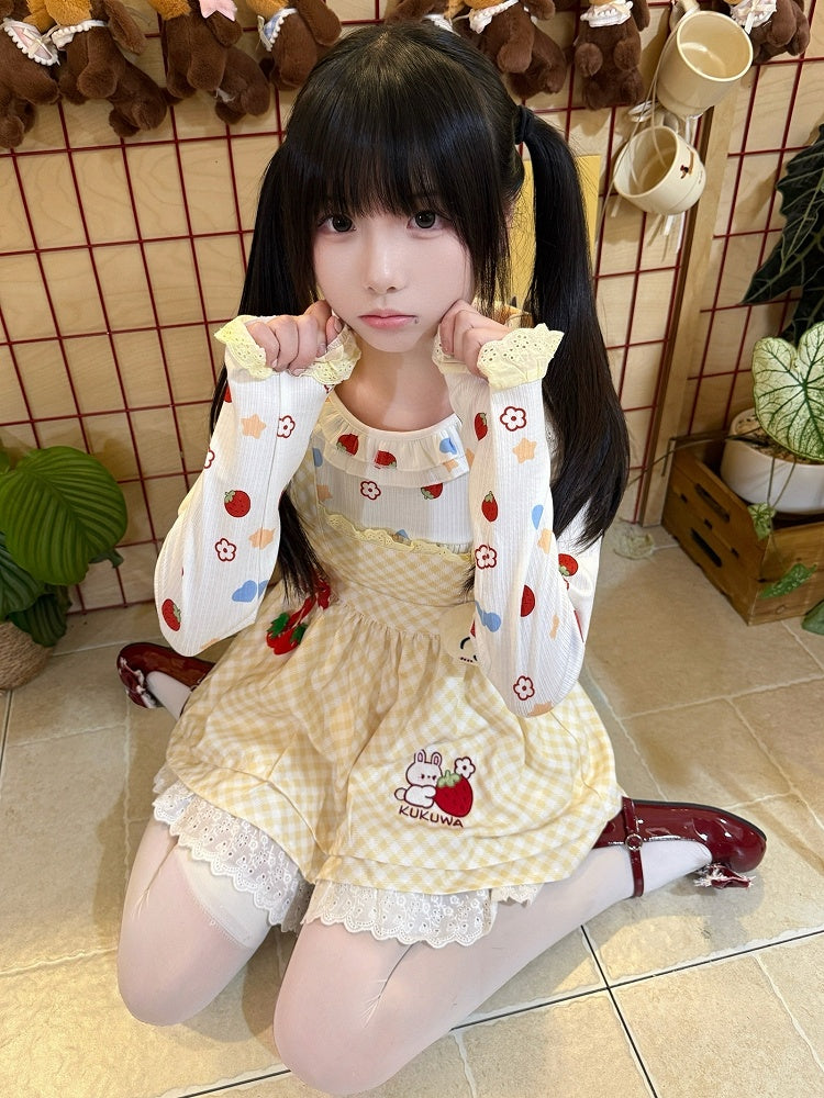 Flutter Dot Plaid Charm Bow Yellow Polka Trim Apron - Lace Strawberry Sleeve