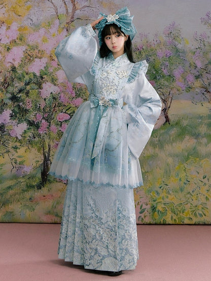 Mint Green Long Mamian Skirt with Floral Pattern Details - Yimu Walnut