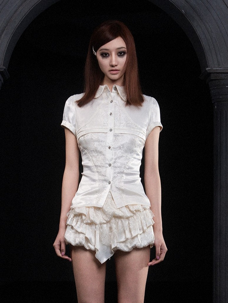 Back Pan Blouse Apricot Crisscross Gothic Peter Punk Collar Satin with Ties