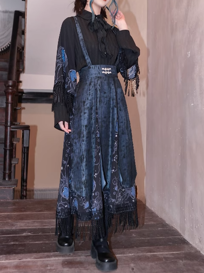 Style Skirt Overalls Straps Print Detachable Blue Jellyfish Black Tassel Hem with Cheongsam