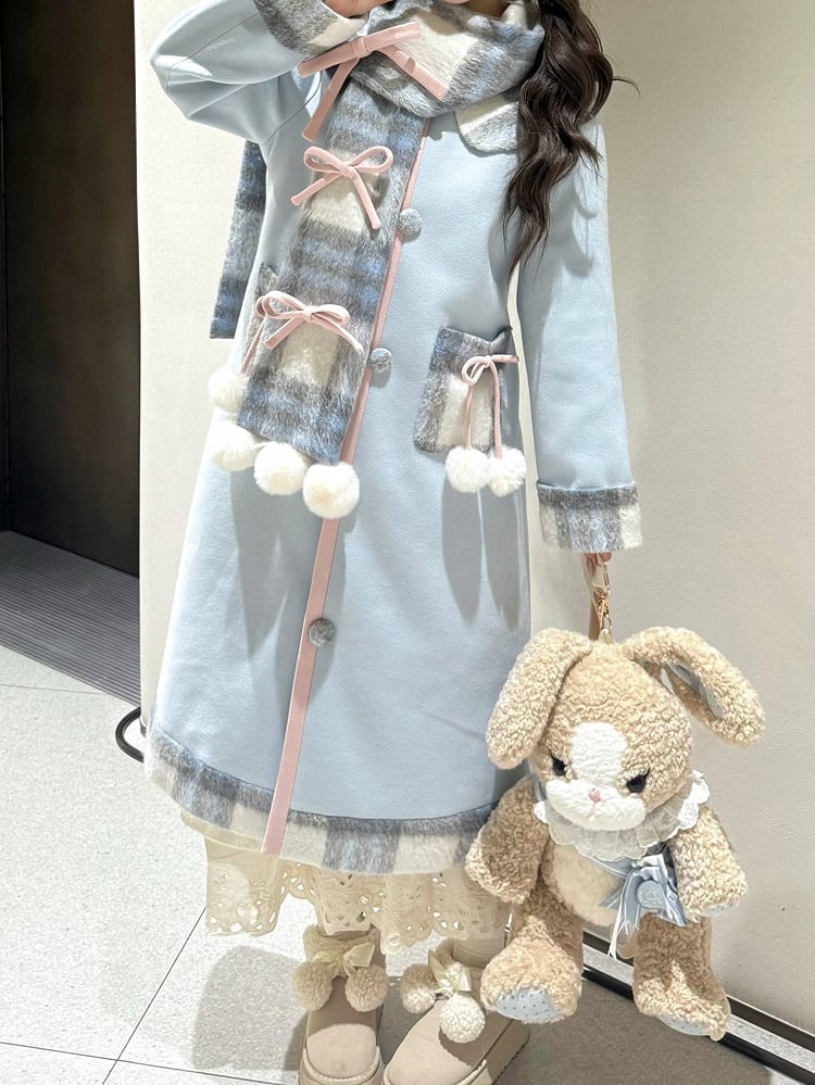Winter Bow Sweet Blue Accents Pom-Pom Coat Set Scarf with + Lolita Plaid and