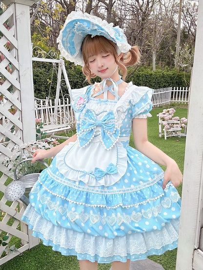 mit Ärmeln Schürze Quadrat Blau Polka Kurzes Kleid Lolita Weiß Ausschnitt Punkte