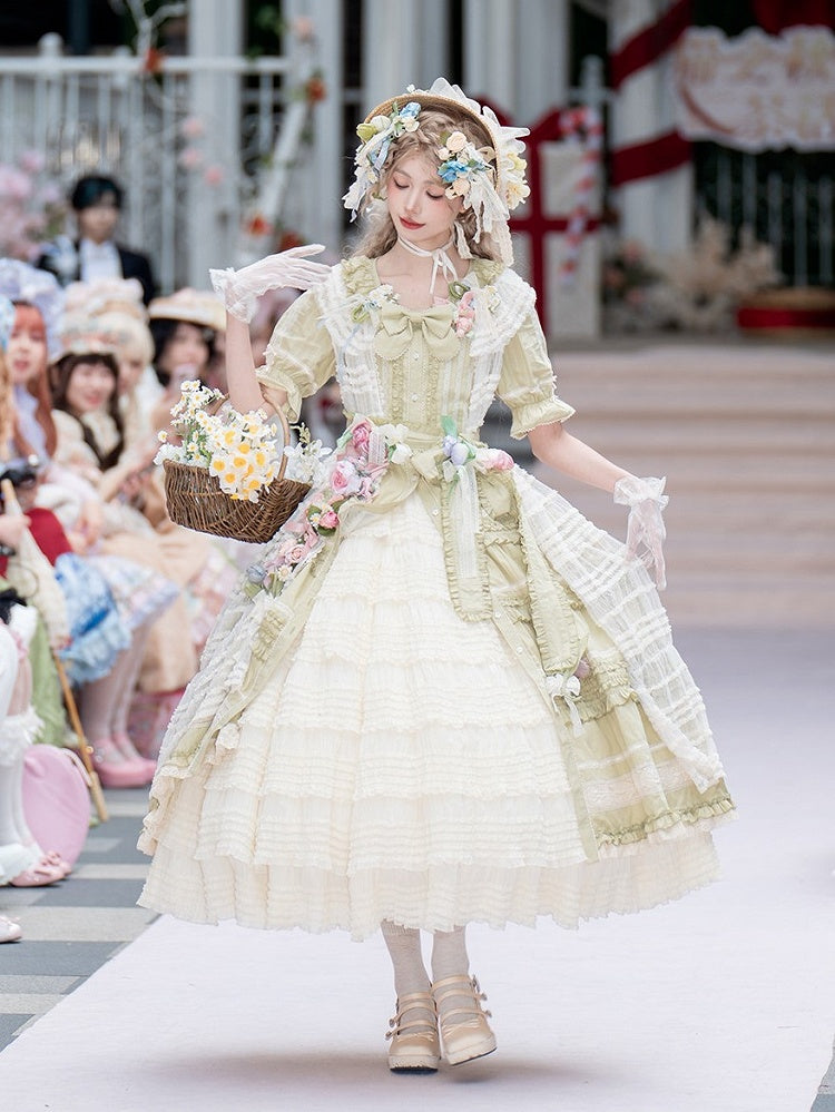 Green Layered Ruffles Elegant Lolita Dress Front Button Placket - Miss Point