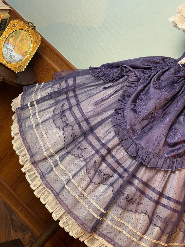 Lilafarbenes, quadratisches Ausschnitt-Feder-Jacquard-Kordelzugrock-Klassiker-Lolita-Kleid