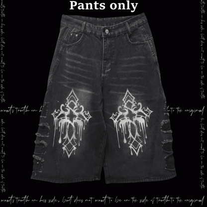 Weite Jeans mit Saum, dunkelgrau, Kreuzdruck, Distressed-Löcher