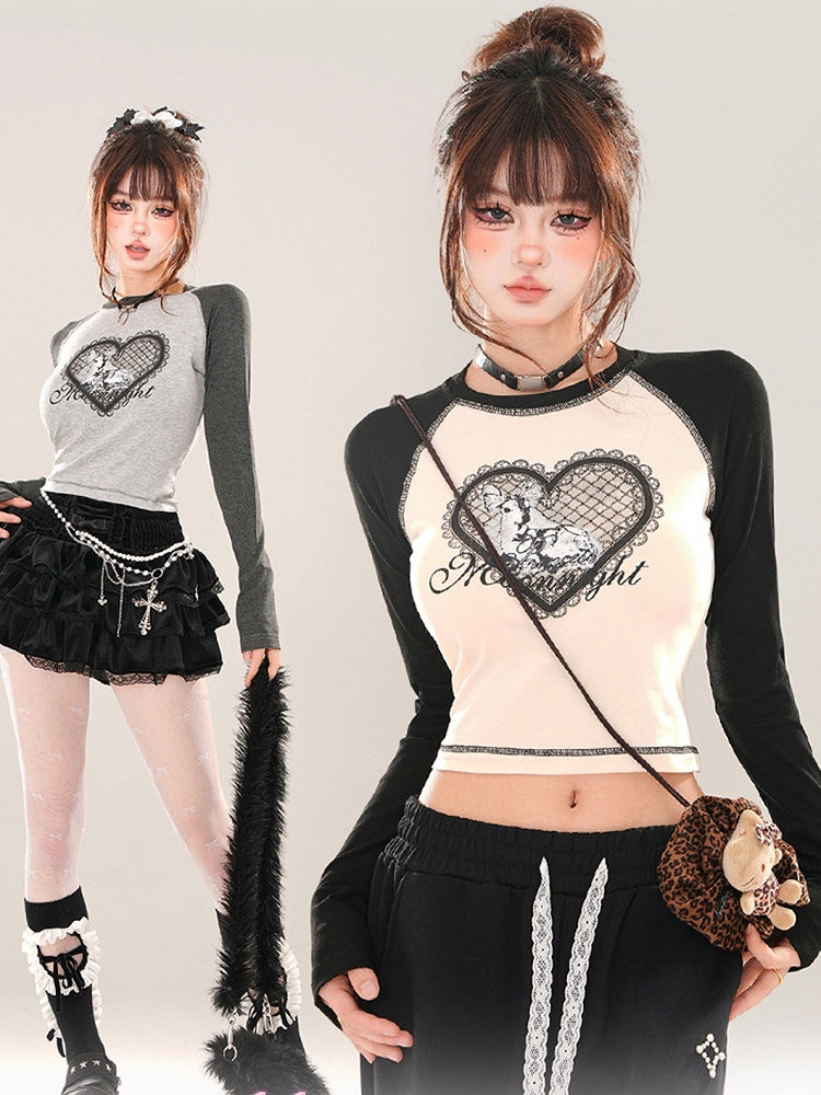 Black/Grey Heart Print Colorblock Close-fit T-shirt