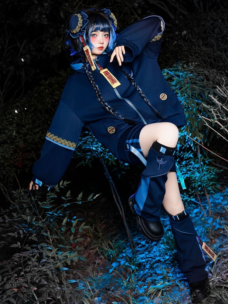 Zombie Techwear Little Set: Goth Navy Jacket Cheongsam Hooded