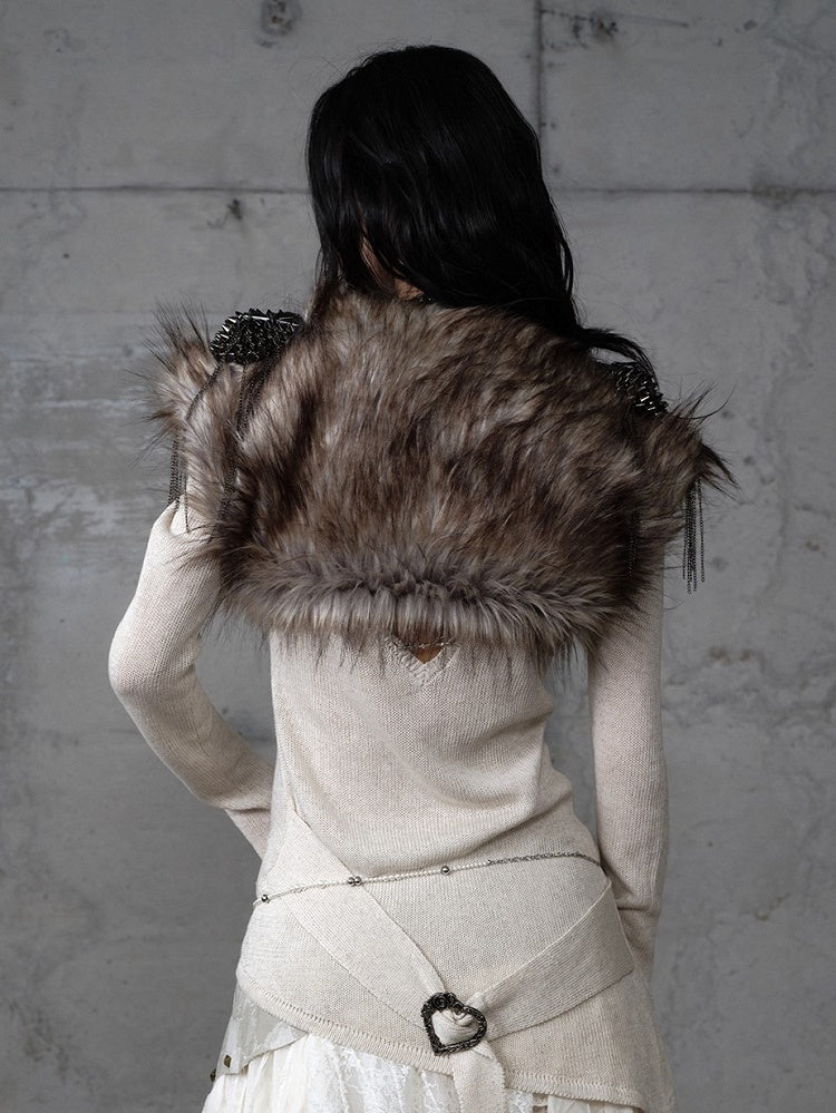 Chain with Brown Accents Vintage Faux Details Studded Vest Fur Punk