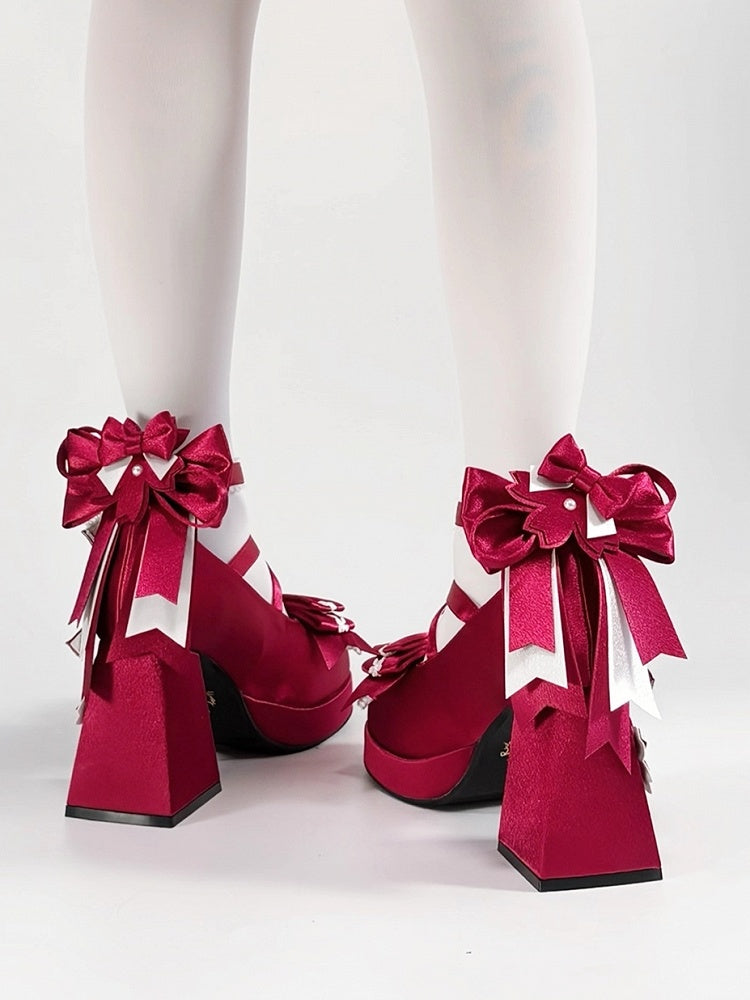 Bow Heel - Heart Satin with in High Janes Red Themed Accents Sakura Snap Block Mary