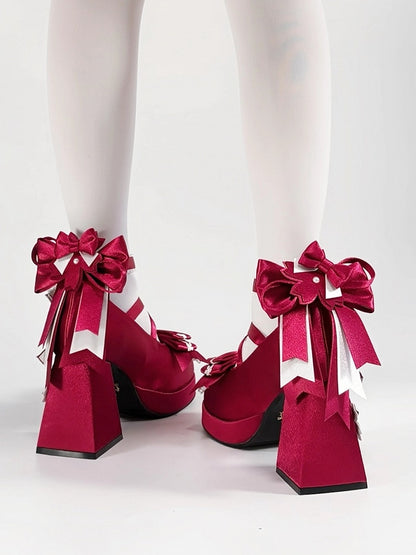 Bow Heel - Heart Satin with in High Janes Red Themed Accents Sakura Snap Block Mary