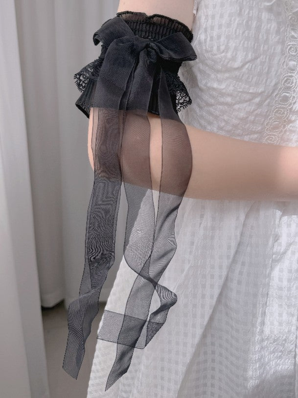 Ribbon Wrist Cuffs Pink Bows White/Black/Pink Lace Black