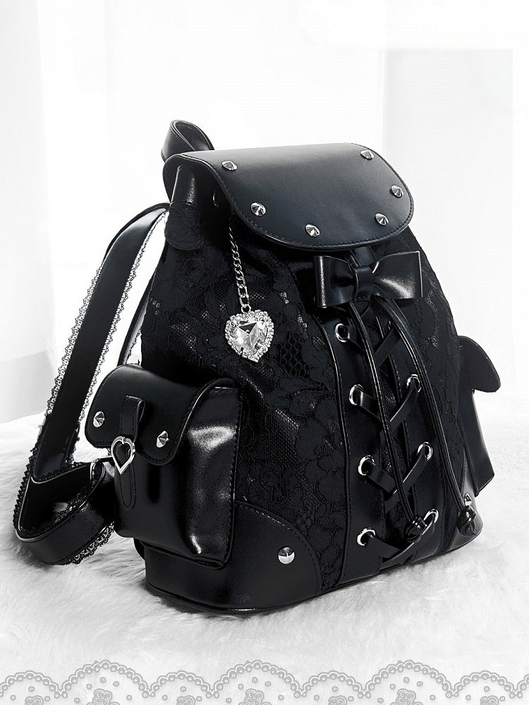 Jirai Kei Backpack with Heart Pendant, Lace Flap, Studs & Bowknot - Miao Lei Dian Bo
