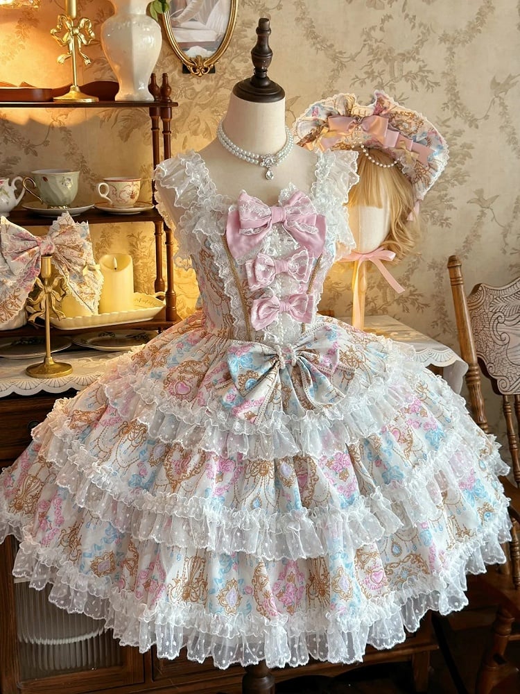 Apricot with JSK Floral Accents Bow Print and Chandelier Lolita Crystal