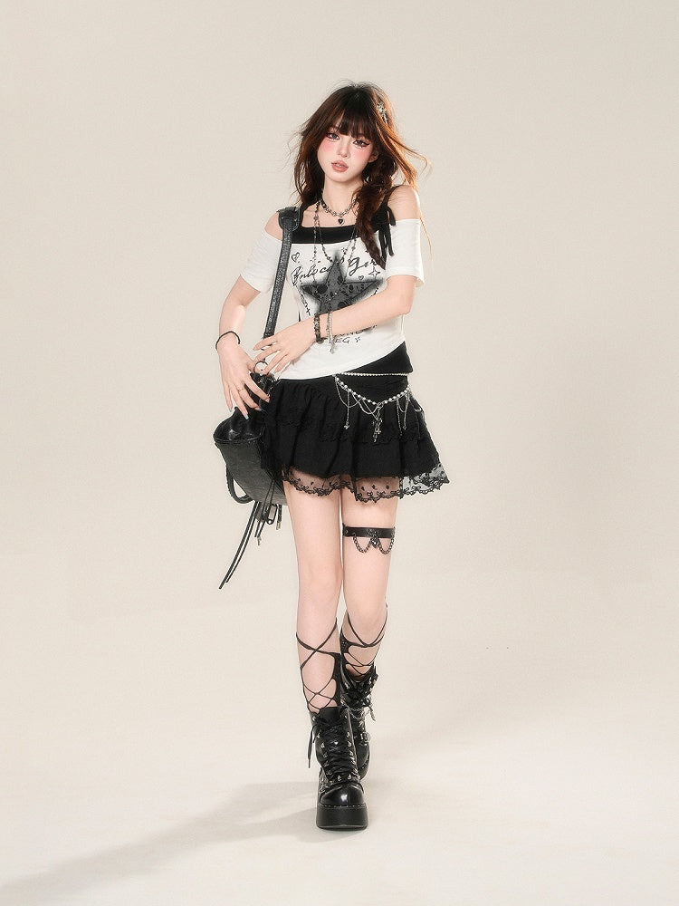 Shoulder T-Shirt Black and White Star Print Cutout Glamorous Faux Two-pieces