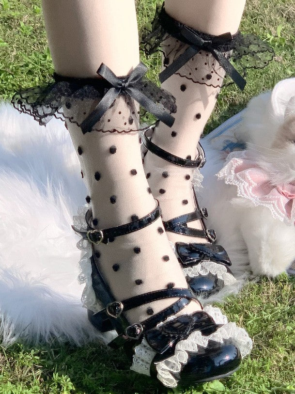 Black/White Lace Bow Pattern Lolita Cuff Polka-dot Socks