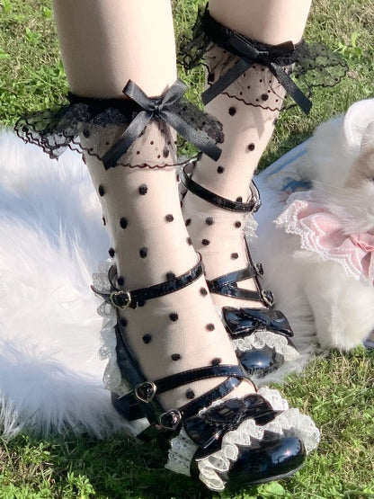 Black/White Lace Bow Pattern Lolita Cuff Polka-dot Socks