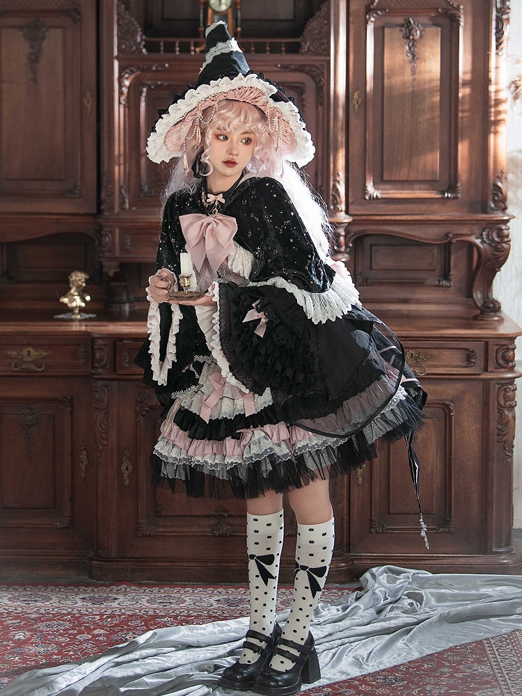 Schwarz-Rosa Süßes Hexenkleid mit hoher Taille, Lolita-Pulloverrock, komplettes Set