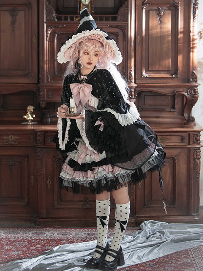 Schwarz-Rosa Süßes Hexenkleid mit hoher Taille, Lolita-Pulloverrock, komplettes Set